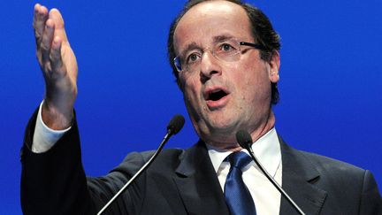 Fran&ccedil;ois Hollande lors du congr&egrave;s annuel de la F&eacute;d&eacute;ration nationale des syndicats d'exploitants agricoles, &agrave; Montpellier (H&eacute;rault),&nbsp;le 29 mars 2012. (PASCAL GUYOT / AFP)