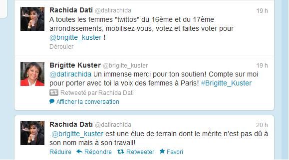 Echange de tweets aimables entre Rachida Dati et Brigitte Kuster (Capture écran de twitter)