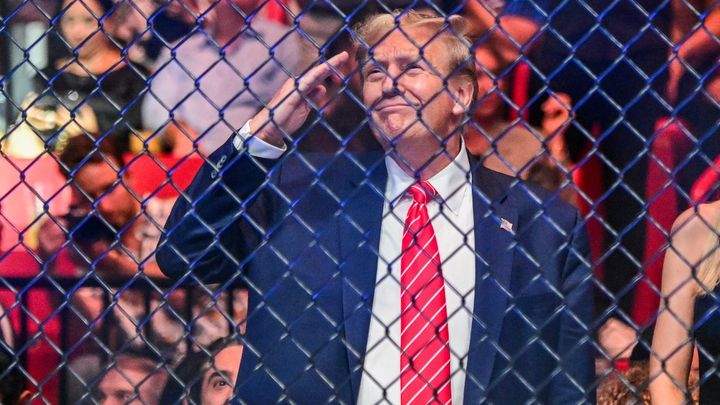 L'ancien président américain et candidat républicain Donald Trump assiste à un combat de MMA à Miami (Floride, Etats-Unis), le 9 mars 2024. (GIORGIO VIERA / AFP)