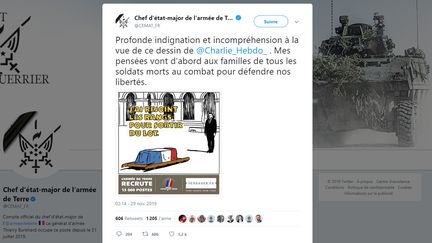 Le chef d'état-major de l'armée de terre,&nbsp;Thierry Burkhard, fait part sur Twitter de sa "profonde indignation" au sujet de caricatures de "Charlie Hebdo" représentant les treize militaires morts au mali, le 30 novembre 2019.&nbsp; (CHEF D'ETAT-MAJOR DE L'ARMEE DE TERRE / TWITTER)