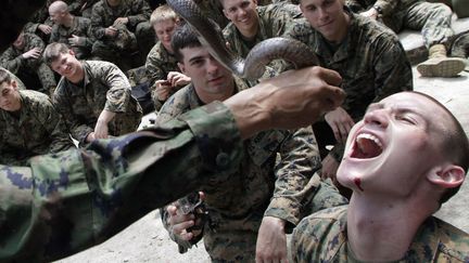 Un Marine am&eacute;ricain boit le sang d'un cobra lors d'un entra&icirc;nement militaire avec la marine tha&iuml;landaise dans la province de Chon Buri (Tha&iuml;lande), le 13 f&eacute;vrier 2012. (CHAIWAT SUBPRASOM / REUTERS)