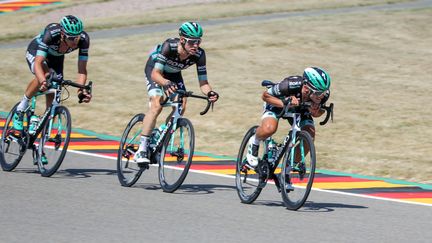 Andreas Schillinger (au centre), ici à Leipzig en juin 2019, est l'un des trois coureurs de la Bora-Hansgrohe hospitalisés. (JAN WOITAS / DPA-ZENTRALBILD)