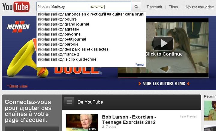 Les suggestions de recherche de Youtube sur Nicolas Sarkozy. (DR)