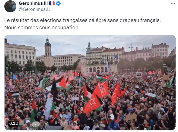 Dans ce post, l'auteur dit que ces images ont été tournées au soir des résultats du second tour des législatives. C'est faux. (CAPTURE ECRAN X - RADIO FRANCE)