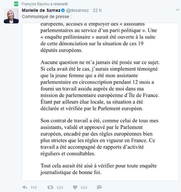 Capture d'écran du "retweet" du communiqué de défense de Marielle de Sarnez par François Bayrou,&nbsp;mardi 30 mai 2017. (Twitter)