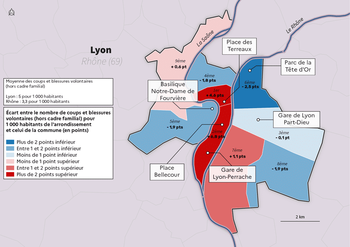 Coups et blessures volontaires sur personnes de 15 ans ou plus en dehors du cadre familial enregistrés dans les arrondissements de Lyon en 2022 (SSMI)