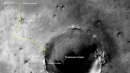 Image transmise le 28 juillet 2014 par la Nasa retra&ccedil;ant le parcours du robot Opportunity depuis son arriv&eacute;e sur Mars en 2004. ( NASA / AFP )