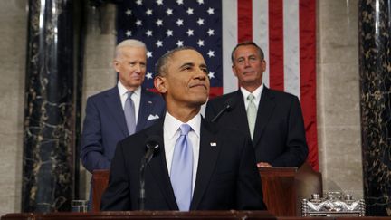 Le pr&eacute;sident am&eacute;ricain Barack Obama lors de son discours sur l'&eacute;tat de l'Union au Congr&egrave;s &agrave; Washington (Etats-Unis), le 28 janvier 2014. (LARRY DOWNING / REUTERS)