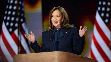 La vice-présidente des Etats-Unis, Kamala Harris, lors de son discours en clôture de la convention démocrate à Chicago, le 22 août 2024. (JACEK BOCZARSKI / ANADOLU / AFP)