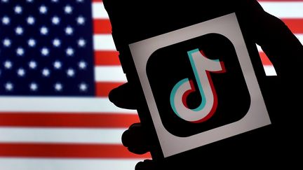 Le logo de TikTok devant le drapeau des Etats-Unis, le 3 août 2020, à Arlington (Virginie). (OLIVIER DOULIERY / AFP)