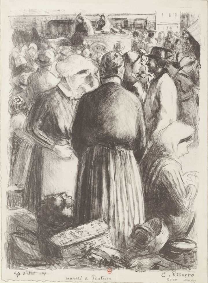 "Le marché de Gisors" (Pontoise) de Camille Pissarro, 1895, lithographie 
 (Bibliothèque nationale de France, département des Estampes et de la Photographie)