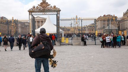 Un vendeur à la sauvette devant les grilles du château de Versailles (Yvelines), le 13 avril 2017. (MAXPPP)