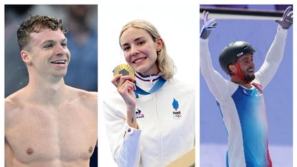 Léon Marchand (natation), Cassandre Beaugrand (triathlon) et Anthony Jeanjean (BMX freestyle) ont fait grimper le compteur de médailles tricolores aux Jeux olympiques de Paris, le 31 juillet 2024. (AFP)