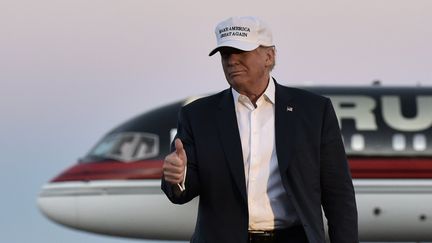 Donald Trump devant son jet lors de la campagne présidentielle, en septembre 2016. (MANDEL NGAN / AFP)