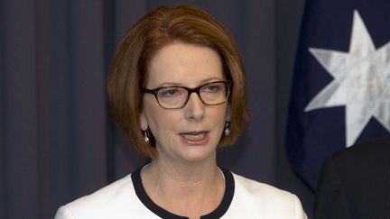 Julia Gillard, Premi&egrave;re ministre autralienne, lors de son allocution pr&eacute;sentant les excuses de l'Etat aux m&egrave;res forc&eacute;es &agrave; abandonner leurs enfants, le 21 mars 2013 &agrave; Canberra (Australie).&nbsp; (ROB GRIFFITH / AP / SIPA)