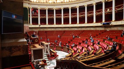 L'hémicycle de l'Assemblée nationale, le 22 mars 2020, à Paris. (LUDOVIC MARIN / AFP)