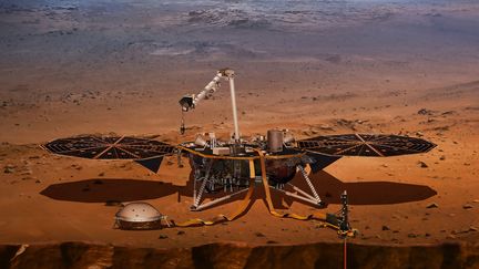 Illustration de la station géophysique de la Nasa, en date du 27 avril 2018. Cette station&nbsp;doit étudier le coeur de la planète Mars dans le cadre de la&nbsp;mission InSight prévue pour le 5 mai 2018.&nbsp;&nbsp; (NASA / NASA)