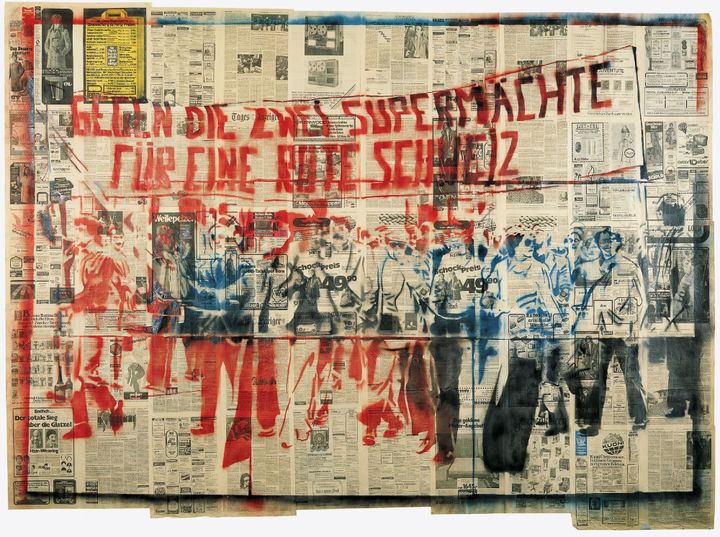 Sigmar Polke, "Gegen die Zwei Supermächte - für eine Rote Schweiz (1e version)" (Contre les deux superpuissances - pour une Suisse rouge), 1976
 (The Estate of Sigmar Polke, Cologne/ADAGP, Paris, 2016.)