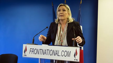 Marine Le Pen délivre ses vœux à la presse, le 7 janvier 2016 au siège du Front national à Nanterre (Hauts-de-Seine). (LIONEL BONAVENTURE / AFP)