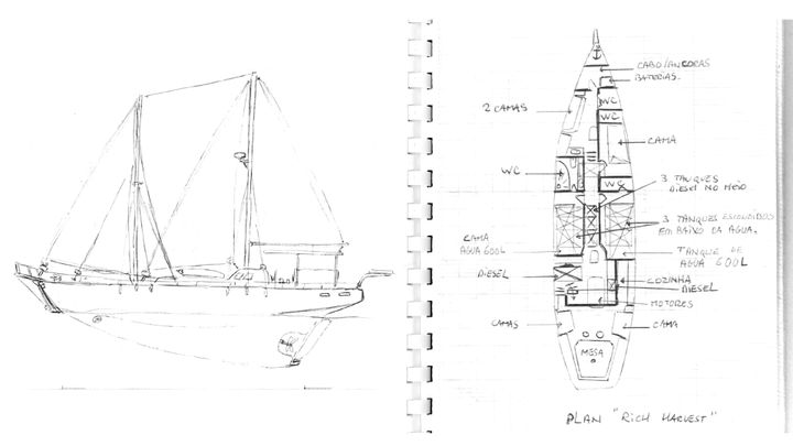 Les plans du bateau "Rich Harvest", dessinés dans le journal de prison d'Olivier Thomas. (RADIO FRANCE)