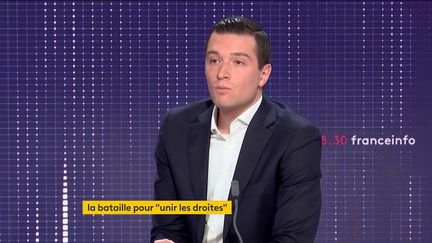 Jordan Bardella, président du Rassemblement national, le 17 janvier 2022 sur franceinfo. (FRANCEINFO / RADIO FRANCE)