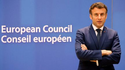 Le président de la République, Emmanuel Macron, au sommet du G7 et de l'Otan à Bruxelles, le 24 mars 2022. (LUDOVIC MARIN / AFP)