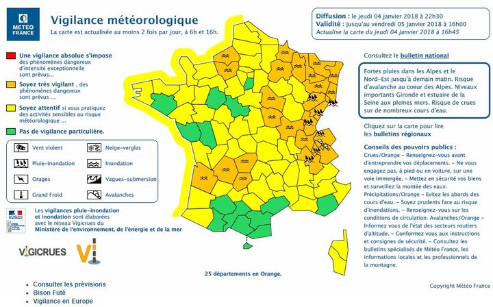 La carte de la vigilance orange, jeudi 4 janvier. (METEO FRANCE)