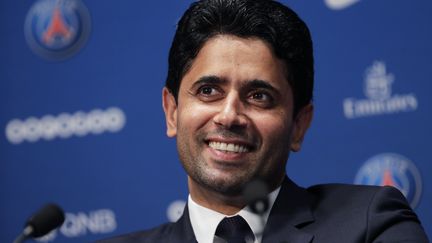 Le président du PSG Nasser Al-Khelaïfi, le 12 juillet 2017, à Paris, lors d'une conférence de presse. (THOMAS SAMSON / AFP)