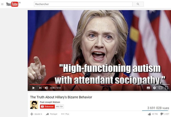 Une vidéo complotiste sur la santé d'Hillary Clinton, diffusée le 4 août 2016 sur YouTube, a déjà été vue plus de 3,6 millions de fois. (YOUTUBE)