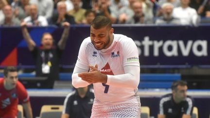 Toute la frustration d'Earvin Ngapeth, en difficulté tout au long de ce huitième de finale de l'Euro, lundi 13 septembre, face à la République tchèque.&nbsp; (MICHAL CIZEK / AFP)