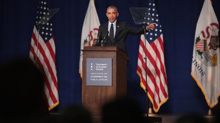 L'ancien président des Etats-Unis lors d'un discours dans l'Illinois, à Urbana, le 7 septembre 2018. (SCOTT OLSON / GETTY IMAGES NORTH AMERICA)