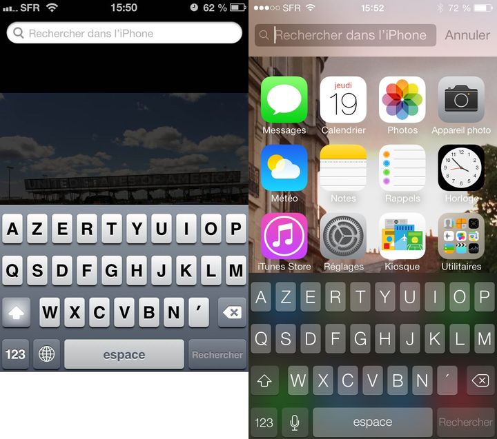 A gauche, l'iOS 6. A droite, l'iOS 7. ( FRANCETV INFO)
