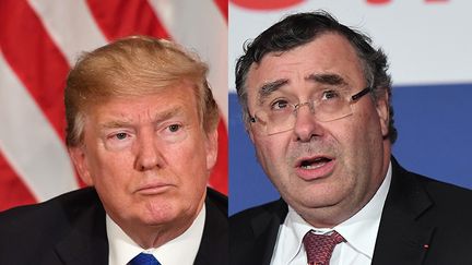 Donald Trump et&nbsp;Patrick Pouyanné, le PDG de Total (photomontage). (EMMANUEL DUNAND / NICHOLAS KAMM / AFP)