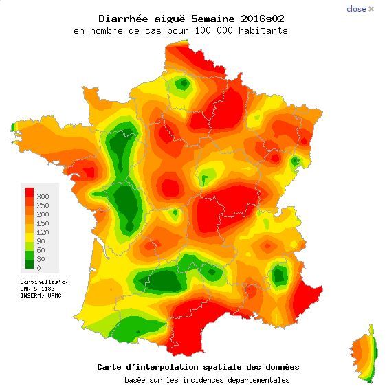 La carte des cas de diarrhées aiguë entre le 11 et le 17 janvier 2016. (RÉSEAU SENTINELLES)