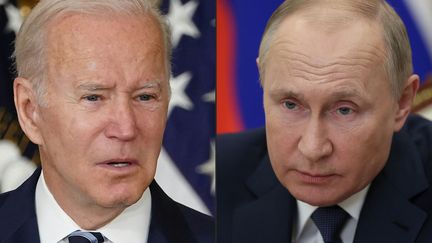 Les présidents américain et russe, Joe Biden et Vladimir Poutine, le décembre 2021 et le 18 novembre 2021. (MANDEL NGAN / SPUTNIK / AFP)