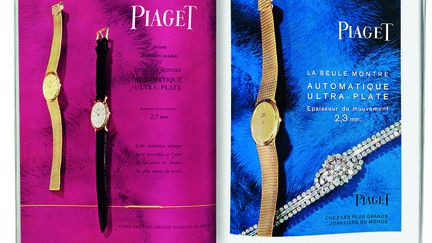 Publicités Piaget. À gauche : Montres équipées du mouvement extra-plat 12P, vers 1960. À droite : Montre à secret haute joaillerie et montre équipée du mouvement extra-plat 12P, vers 1960
 (Archives Piaget - Tous droits réservés)