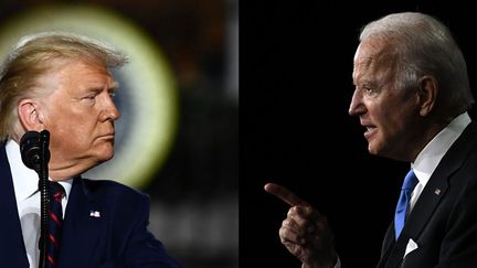 Donald Trump et Joe Biden lors des conventions des républicains et des démocrates (montage).&nbsp; (BRENDAN SMIALOWSKI / OLIVIER DOULIERY / AFP)