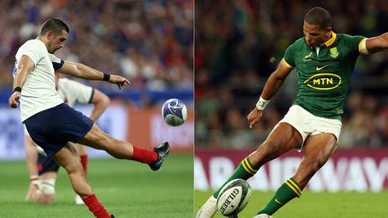 Duel de buteurs entre le Sud-Africain Manie Libbok et le Français Thomas Ramos, avant le quart de finale de Coupe du monde entre la France et l'Afrique du Sud. (FRANCK FIFE,ADRIAN DENNIS / AFP)