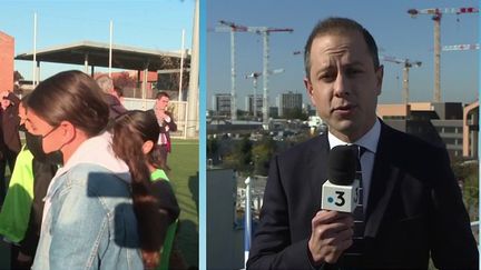 Emmanuel Macron, était en Seine-Saint-Denis, jeudi 14 octobre, dans la matinée. Le président de la République a visité le chantier du futur village olympique des JO 2024 et participera à un match de football de charité. (CAPTURE D'ÉCRAN FRANCE 3)