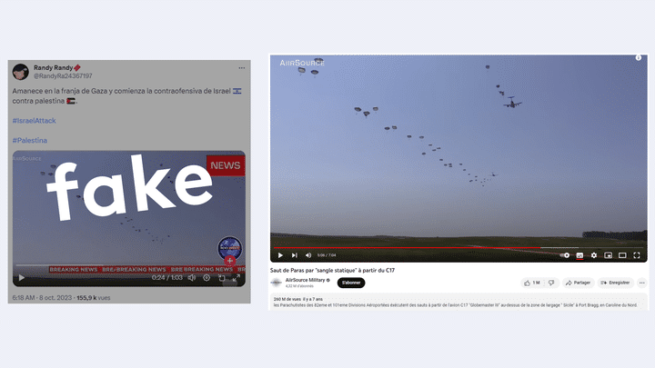 À gauche, une vidéo censée montrer la contre-offensive Isréalienne. À droite cette vidéo de mai 2016 illustre l'entraînement de parachutistes américains en Caroline du Nord. (CAPTURE D'ECRAN)