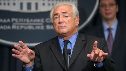 L'ancien directeur du FMI, Dominique Strauss-Kahn, le 27 septembre 2013 &agrave; Belgrade (Serbie). (ALEXA STANKOVIC / AFP)