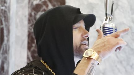 Le rappeur américain Eminem le 15 octobre 2019 dans l'émission "Jimmy Kimmel Live!" sur ABC. (RANDY HOLMES / WALT DISNEY TELEVISION/ GETTY)