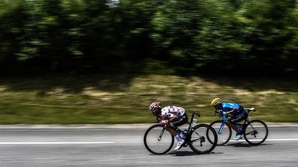 Le Français Julian Alaphilippe, portant le maillot à pois du meilleur grimpeur, et le Costaricain Andrey Amador dans une descente&nbsp;de la 19e étape du Tour de France, le 27 juillet 2018.. (JEFF PACHOUD / AFP)