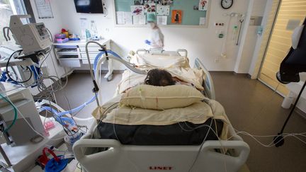 Une infirmière dans une chambre d'un patient atteint du coronavirus dans le service de réanimation de l'hôpital du CHU de Purpan, à Toulouse, en novembre 2020. (FREDERIC SCHEIBER / HANS LUCAS / AFP)