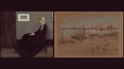 James Abbott McNeill Whistler, à gauche, "Arrangement en gris et noir n° 1, ou la mère de l'artiste (1804-1881)en 1871",&nbsp;Acquis de l'artiste par l'Etat pour le Luxembourg,1891, Paris, Musée d’Orsay - A droite,&nbsp;"Nocturne : Venise", 1880, Pastel sur papier teinté brun, New York, The Frick Collection (A gauche © Musée d’Orsay, Dist. RMN-Grand Palais / Patrice Schmidt - A droite © The Frick Collection; photo: Joseph Coscia Jr)