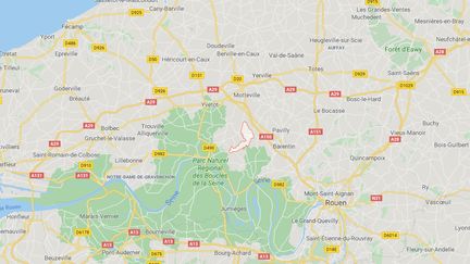 43 communes autour d'Auffay, à une quarantaine de km au nord de Rouen, et de Blacqueville, à 25 km au nord-ouest, sont concernées. (GOOGLE MAPS)