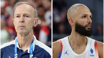 Le sélectionneur des Bleus, Vincent Collet (à gauche), et Evan Fournier, sont en désaccord sur la tactique adoptée par l'équipe de France de basketball dans le tournoi olympique de Paris 2024. (AFP)