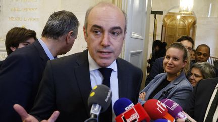 Les présidents des groupe LR et LFI, Olivier Marleix et Mathilde Panot, à l'Assemblée nationale, à Paris, le 15 mars 2023. (LUDOVIC MARIN / AFP)