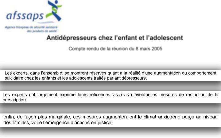 Extraits de la réunion du 8 mars 2005 de l’Agence française de sécurité sanitaire des produits de santé concernant les antidépresseurs chez les jeunes. (Cellule investigation - Radio France)