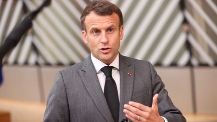 Le président français, Emmanuel Macron, lors d'un sommet européen à Bruxelles, le 24 juin 2021.&nbsp; (DURSUN AYDEMIR / ANADOLU AGENCY / AFP)